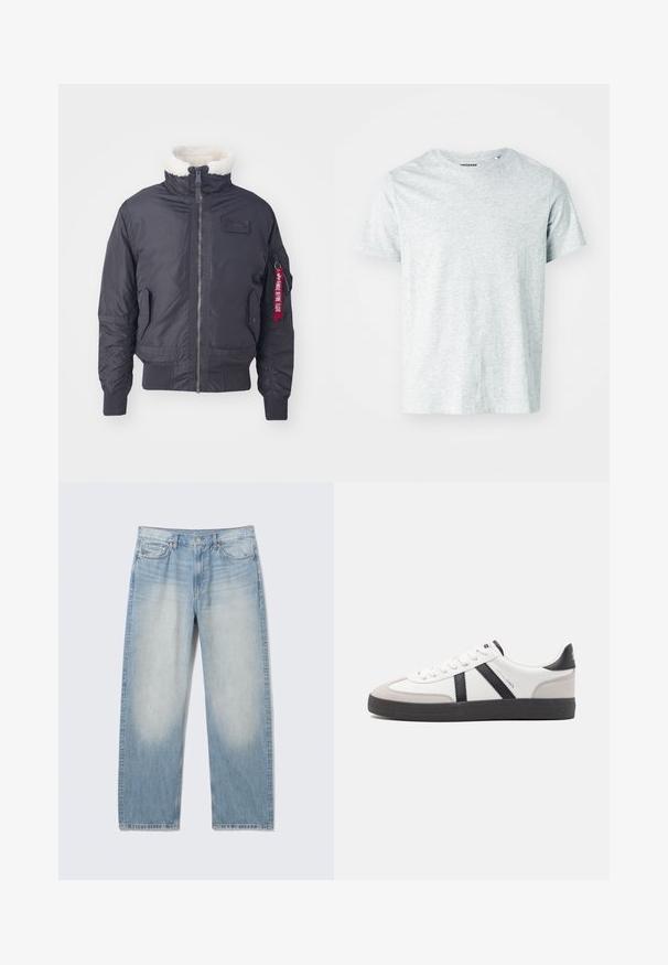 Veste bomber noire isolée avec un col en fausse fourrure, fermeture éclair à l'avant, poches latérales, poignets côtelés et une étiquette en tissu rouge sur la manche.; T-shirt gris clair à manches courtes en tissu doux, avec un col rond et une coupe légèrement décontractée. Aucun motif ou graphique visible.; Jean droit en denim bleu clair avec cuisses avant délavées, style cinq poches, fermeture par boutons et passants pour ceinture.; Baskets blanches avec des accents noirs et gris, présentant un embout texturé gris, une semelle en caoutchouc noir et des lacets plats blancs. Design épuré, style minimaliste.
