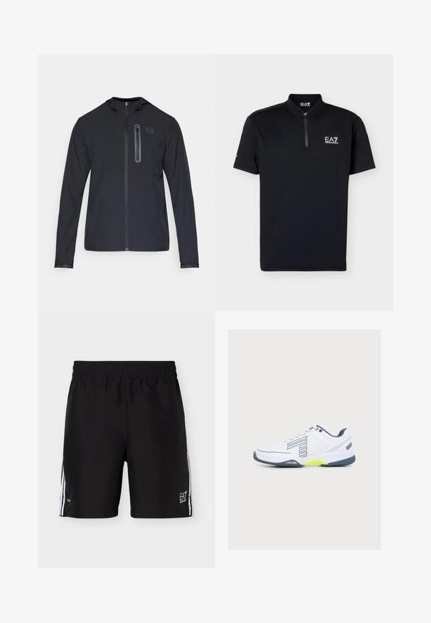 Chaqueta ligera negra con capucha, cierre frontal completo y bolsillo con cremallera vertical en el lado izquierdo del pecho, que presenta un pequeño logo circular.; Polo negro de manga corta con cremallera hasta un cuarto y logo blanco EA7 Emporio Armani en el pecho y etiqueta del cuello.; Pantalones cortos deportivos negros con cintura elástica, rayas verticales blancas en los laterales y pequeño logo EA7 Emporio Armani en la parte inferior de la pierna derecha.; Zapatilla deportiva blanca con suela azul marino, ribete negro y detalle amarillo, vista lateral con detalles de la marca sobre un fondo liso.