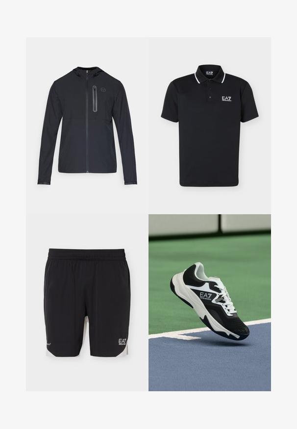 Chaqueta ligera negra con capucha, cierre frontal completo y bolsillo con cremallera vertical en el lado izquierdo del pecho, que presenta un pequeño logo circular.; Polo negro de manga corta con ribete blanco en el cuello y logotipo EA7 Emporio Armani en el pecho izquierdo.; Pantalones cortos deportivos negros con cintura elástica, paneles laterales blancos y logotipo EA7 Emporio Armani en la parte inferior de la pierna derecha.; Zapatilla EA7 Emporio Armani en blanco y negro suspendida sobre las líneas azules y verdes de una pista de tenis.