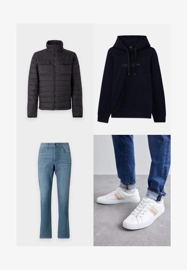 Veste isolante noire avec un col montant, fermeture éclair à l'avant et deux poches poitrine. Présente un design matelassé et une texture lisse.; Sweat à capuche bleu marine avec cordons de serrage et "Armani Exchange Milano / New York" imprimé sur la poitrine, avec des poignets et un ourlet côtelés.; Jean en denim bleu clair avec une coupe droite, comprenant des poches avant et arrière, une fermeture éclair, et un léger délavage dans le tissu.; Baskets en cuir blanc avec des rayures multicolores, design à lacets, semelle en caoutchouc et col rembourré, associées à un jean en denim bleu.