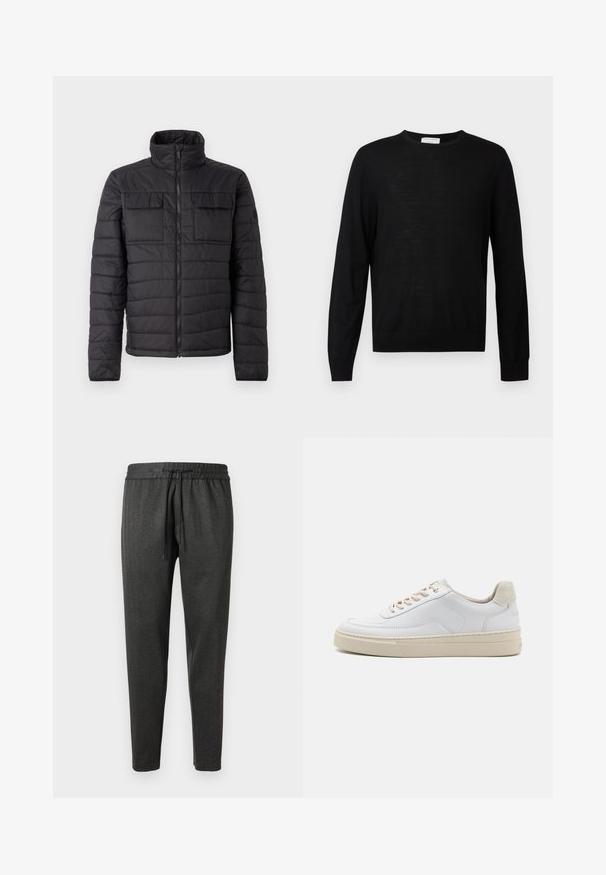 Veste isolante noire avec un col montant, fermeture éclair à l'avant et deux poches poitrine. Présente un design matelassé et une texture lisse.; Pull noir à manches longues en tissu doux, avec un col rond, des poignets côtelés et un ourlet droit. Design minimaliste, sans motifs.; Pantalons de jogging gris foncé en tissu texturé, dotés d'une taille élastique et d'un cordon de serrage. Conception des jambes fuselées sans poches.; Sneaker blanche avec un dessus en cuir lisse, des lacets beige et un onglet de talon en daim beige texturé. Semelle surélevée pour une hauteur supplémentaire.