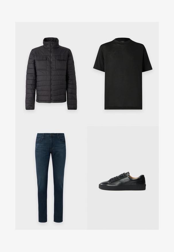 Veste isolante noire avec un col montant, fermeture éclair à l'avant et deux poches poitrine. Présente un design matelassé et une texture lisse.; T-shirt noir à manches courtes avec un col montant, présentant une texture lisse et une légère brillance, fabriqué en tissu léger. Aucun logo visible.; Jean slim-fit bleu foncé avec cinq poches, bouton à l'avant et fermeture éclair, présenté sur un fond blanc.; Baskets en cuir noir avec une texture lisse, bout rond et fermeture à lacets. Comprend une semelle en caoutchouc épaisse et un minimum de détails de marque.