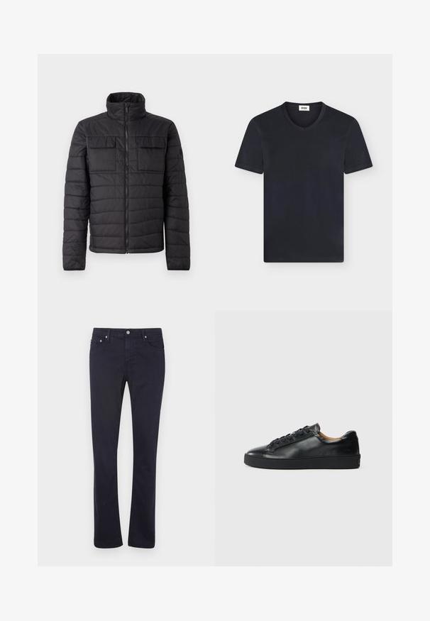 Chaqueta aislante negra con alto cuello, cremallera frontal y dos bolsillos en el pecho. Presenta un diseño acolchado y una textura suave.; Camiseta negra de manga corta con cuello en V y etiqueta blanca en el interior del cuello sobre un fondo claro.; Pantalones de algodón azul marino con un diseño de pierna recta, que cuentan con bolsillos frontales, cremallera y detalles de herrajes metálicos.; Zapatilla negra de cuero con una textura suave, puntera redonda y cierre de cordones. Presenta una suela de goma gruesa y un detalle de marca mínimo.