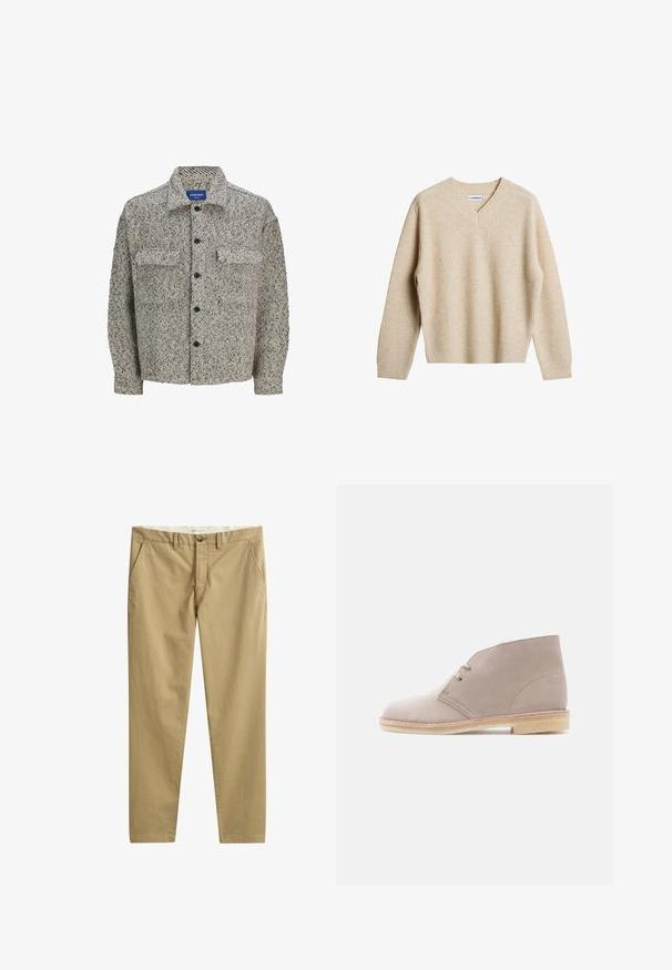 Textureret skjortejakke i brun og kremfarvet mønster med klassisk krave, knaplukning og to frontlommer. Har lange ærmer.; Beige, ribbet striktrøje med V-hals og lange ærmer. Har en afslappet pasform og tekstureret stof for ekstra varme og komfort.; Beige afslappede bukser med lige ben, sidelommer, bæltestropper, knaplukning og lynlås, lavet af mærket GANT.; Beige ruskindsankelstøvle med to-huls snørebånd, crepe-sål og lav stakket hæl, vist fra siden på en ensfarvet baggrund.