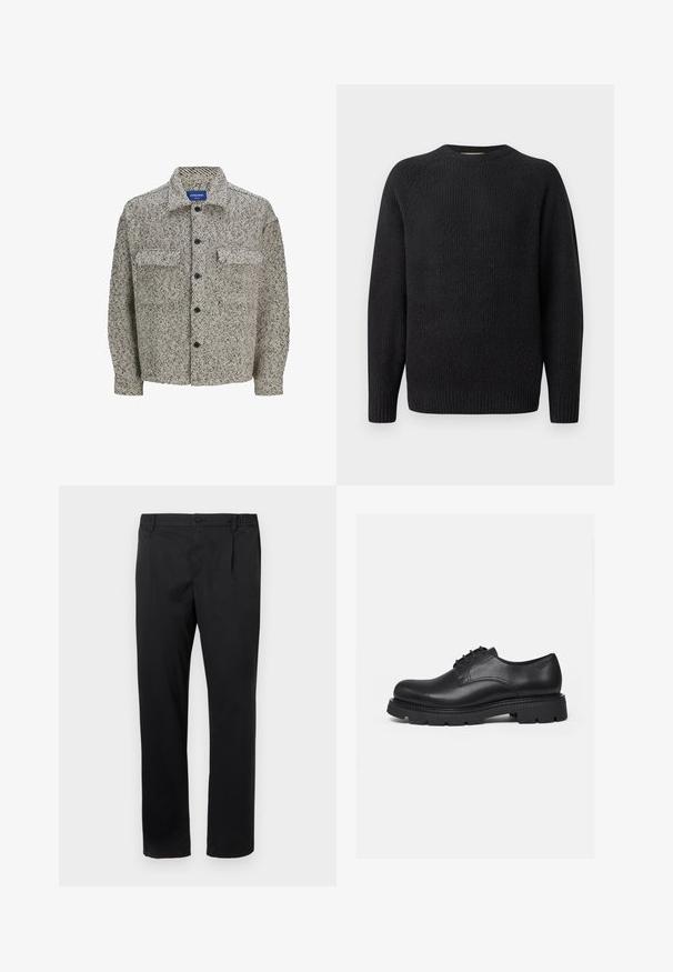 Textureret skjortejakke i brun og kremfarvet mønster med klassisk krave, knaplukning og to frontlommer. Har lange ærmer.; Sort strikket sweater med rund hals, ribbet tekstur og lange ærmer. Simpelt design uden synlige logoer eller udsmykninger.; Sorte lige ben bukser med knap- og lynlåslukning, sidelommer og delvist elastisk talje på hvid baggrund.; Sort lædersko med snørebånd, kraftig sål med dybe mønstre, rundet tå og syede detaljer, vist fra siden på en ensfarvet baggrund.