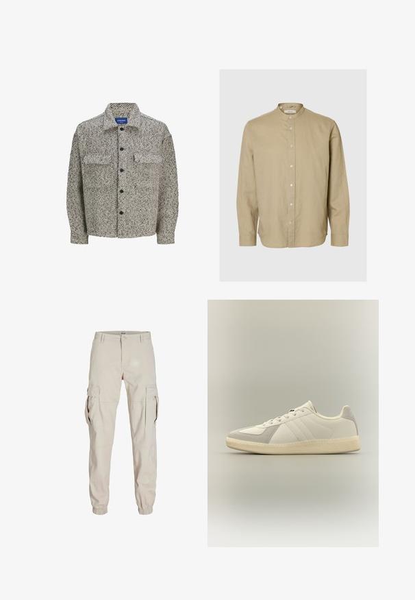 Textureret skjortejakke i brun og kremfarvet mønster med klassisk krave, knaplukning og to frontlommer. Har lange ærmer.; Beige langærmet skjorte med mandarinkrave og knapper foran, vist på en ensfarvet lys grå baggrund.; Beige cargobukser med sidelommer, elastiske manchetter og knappelukning. Fremstillet af et let stof med en glat tekstur.; Hvid lavtop-sneaker med beige ruskindsdetaljer, snørelukning og tekstureret off-white gummisål, vist i profil på neutral baggrund.