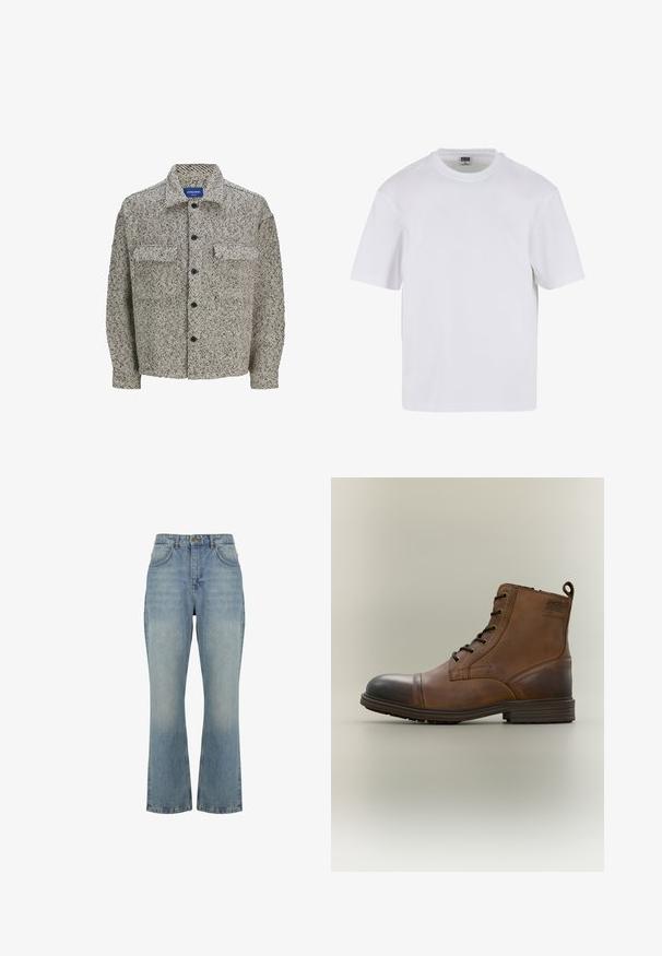 Chaqueta de camisa con patrón texturizado en marrón y crema, cuello clásico, cierre de botones y dos bolsillos frontales. Cuenta con mangas largas.; Camiseta blanca de manga corta hecha de algodón. Presenta un cuello redondo y un ajuste holgado. Textura suave, diseño minimalista, sin patrones ni adornos.; Vaqueros de denim azul claro de talle alto, corte recto, cierre frontal con botones, trabillas para cinturón y dos bolsillos delanteros.; Bota de cuero marrón con cordones hasta el tobillo, puntera negra, suela redonda y detalle de marca en el lateral sobre un fondo liso.