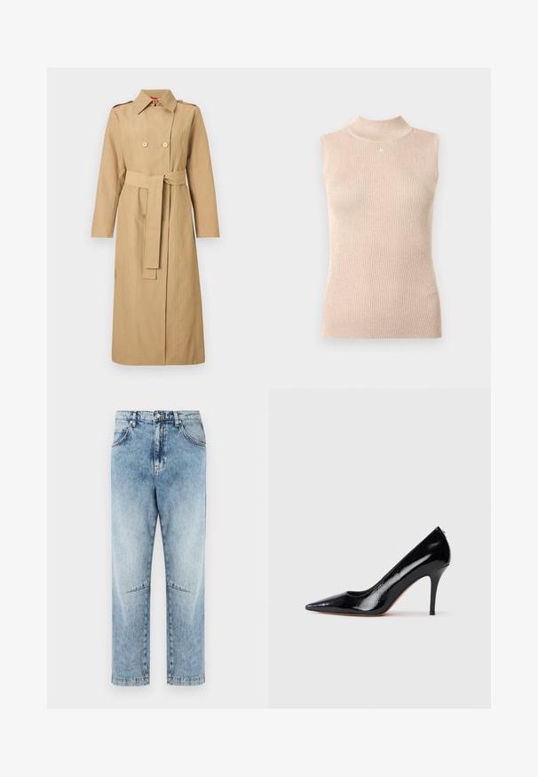 Longue trench-coat beige avec boutons croisés, taille cintrée par une ceinture, épaulettes et col classique sur un fond uni.; Haut sans manches à col montant en maille côtelée beige doux. Présente un léger éclat, une forme ajustée et un petit logo au niveau de l'encolure.; Jean droit taille haute bleu clair avec délavage, poches avant et arrière, passants de ceinture, fermeture par bouton et détails de coutures aux genoux.; Escarpin à talon haut en cuir verni noir avec un bout pointu, présentant une texture lisse et un talon aiguille mince. Aucun accessoire visible.
