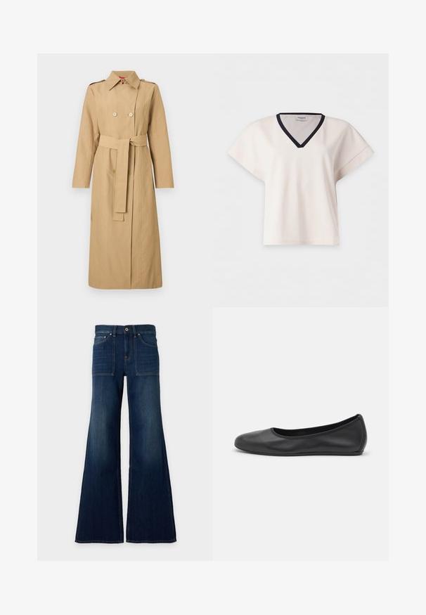 Longue trench-coat beige avec boutons croisés, taille cintrée par une ceinture, épaulettes et col classique sur un fond uni.; T-shirt blanc à manches courtes avec col en V et bordure noire autour de l'encolure, présenté sur un fond blanc uni.; Jean en denim bleu foncé à taille haute, jambes larges, poches plaquées devant et fermeture par bouton à la taille.; Ballerines en cuir noir avec un bout rond, texture lisse, détails de couture minimalistes et design de semelle flexible.