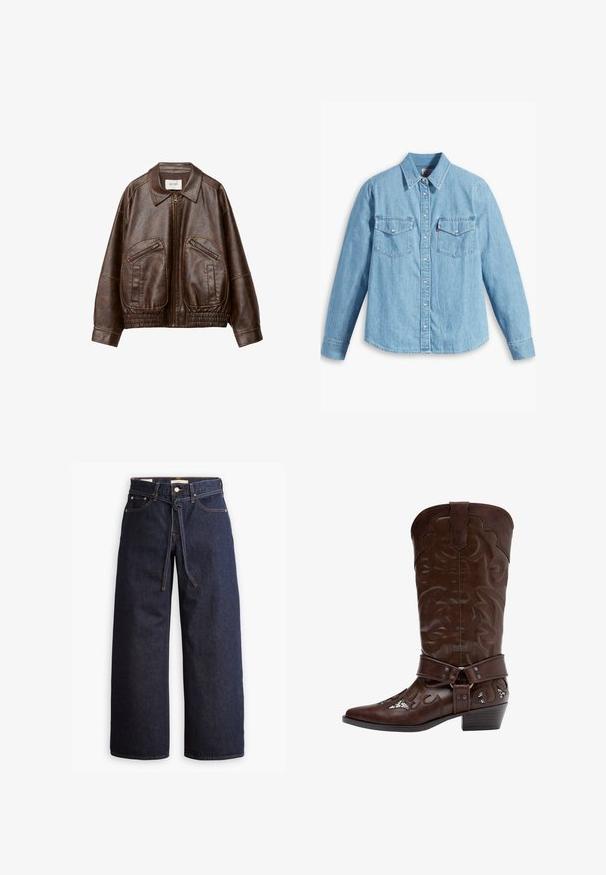 Veste bomber en fausse cuir marron avec une fermeture éclair sur le devant, deux poches zippées en angle, un large col et une taille élastique froncée.; Chemise en denim bleu clair à manches longues, col pointu, deux poches poitrine, patte de boutonnage et texture subtile. Pas de motifs visibles.; Jeans en denim bleu foncé à jambes larges, avec une taille haute, dotés d'un lien à cordon, de cinq poches et de détails de couture contrastants.; Botte de cow-boy en cuir marron avec coutures décoratives, sangle à boucles, et talon bas empilé, présentée en profil latéral sur fond blanc.