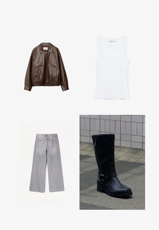 Veste bomber en fausse cuir marron avec une fermeture éclair sur le devant, deux poches zippées en angle, un large col et une taille élastique froncée.; Débardeur blanc uni sans manches avec encolure arrondie, fabriqué en tissu doux, étiquette à l'intérieur du col indiquant la marque et la taille.; Jean large gris à taille haute, avec une texture lisse, deux poches arrière et des détails de couture subtils.; Botte en cuir noire mi-mollet avec un petit talon bloc et une bride décorative avec boucle métallique autour de la cheville, sur un trottoir carrelé.