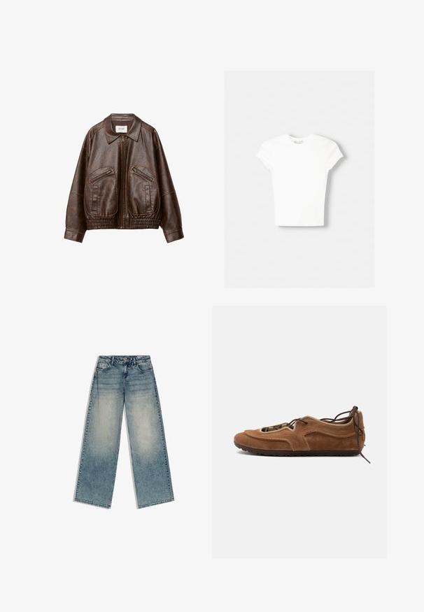 Veste bomber en fausse cuir marron avec une fermeture éclair sur le devant, deux poches zippées en angle, un large col et une taille élastique froncée.; T-shirt blanc à manches courtes en coton doux, avec un col rond et une coupe ajustée. Pas de motifs ni d'ornements visibles.; Jean denim bleu à jambes larges avec un lavage délavé, design à cinq poches, passants pour ceinture et fermeture par bouton, étalé à plat sur un fond blanc.; Chaussure plate en daim marron avec lacets et semelle en caoutchouc, vue de côté sur un fond clair.