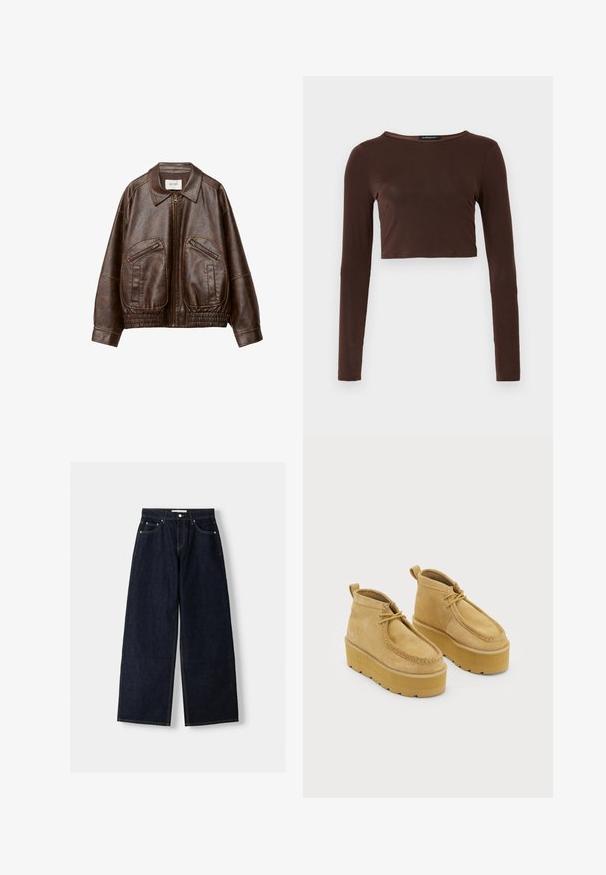 Veste bomber en fausse cuir marron avec une fermeture éclair sur le devant, deux poches zippées en angle, un large col et une taille élastique froncée.; Top croppé à manches longues marron, fabriqué dans un matériau lisse, avec un col rond et une coupe près du corps. Pas de motifs ou d'accents visibles.; Jean large en denim bleu foncé à taille haute, avec cinq poches, des coutures contrastées et des éléments en métal argenté. Texture lisse et finition soignée.; Bottes à chevilles en daim beige clair avec un bout arrondi et un laçage. Semelle épaisse et chunky avec une finition texturée et des détails de couture.