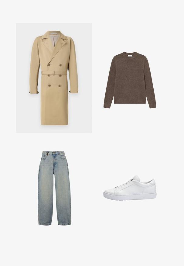 Kreemikas topelt-rinnaga trench-kurta, millel on vööga talje, sälk-lapels ja nööp-detailid, valmistatud siledast, kergekaalulisest kangast.; Pruunist kudumist surnanööriga sviiter, pikkade varrukatega, soonikuga äärega ja peene tekstuuriga, millel on throughout heledamat värvi täppe.; Heledad sinine teksad, mis on lõdva lõikega, kõrge vöökohaga, laiad sääred, klassikaline viie tasku disain ning metallist detailid.; Valge madala servaga nahast toss, millel on paks tald, paelkingitusega kinnitus ja minimaalsed õmbluselemendid, näidatud külgvaates valgel taustal.