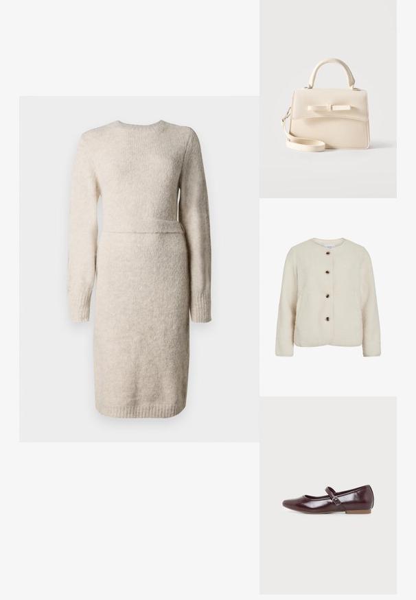 Fleece bunda v off-white farbe s okrúhlym výstrihom, štyrmi hnedými gombíkmi a dlhými rukávmi s jemnou textúrovanou úpravou.; Bežové pletené šaty s dlhými rukávmi, okrúhlym výstrihom a textúrovaným povrchom. Priliehavý pás s akcentovaným pásom, dĺžka po kolená.; Bordové Mary Jane baleríny s zaoblenou špičkou, lesklým povrchom, nastaviteľným bočným remienkom so striebornou prackou a nízkou svetlohnedou podrážkou.; Malá béžová kabelka s horným uchom, odnímateľným popruhom, predným prekrytím a dekoratívnou horizontálnou mašľou na jednoduchom pozadí.
