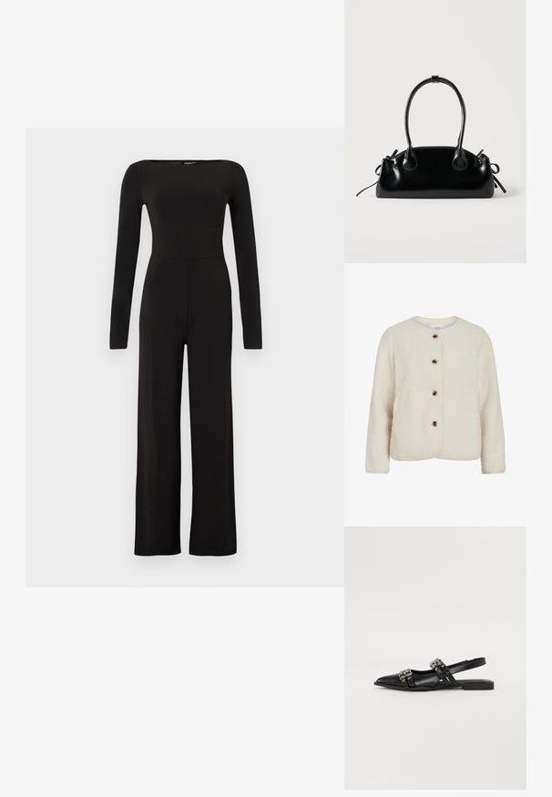 Fleece bunda v off-white farbe s okrúhlym výstrihom, štyrmi hnedými gombíkmi a dlhými rukávmi s jemnou textúrovanou úpravou.; Čierny overal s dlhými rukávmi a širokými nohavicami, so zvýrazneným pásom a lodičkovým výstrihom, zobrazený na jednoduchom svetlom pozadí.; Even&Odd Balerínky na šnúrky - black; Malá čierna lesklá kabelka s dvoma dlhými rúčkami a bočnými šnúrkovými detailmi na jednoduchom svetlom pozadí.