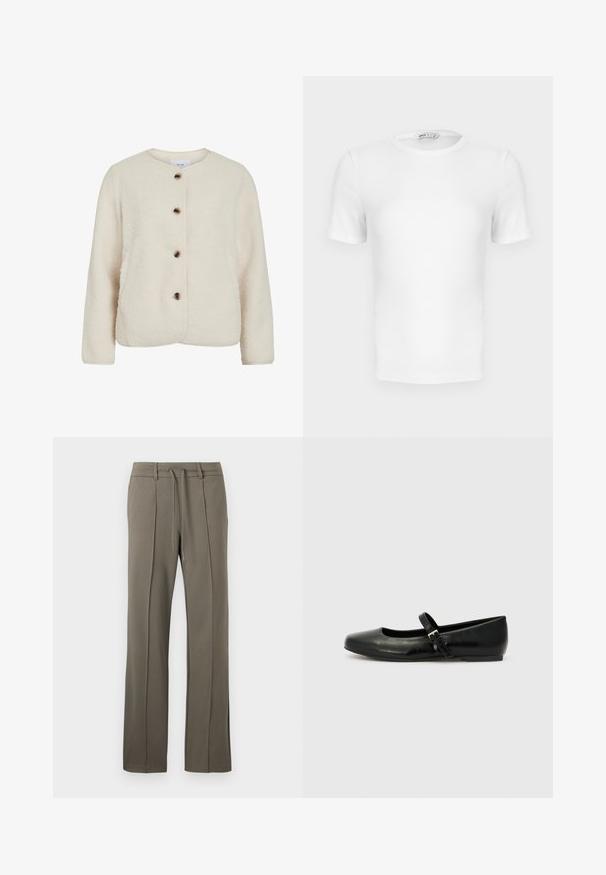 Chaqueta de forro polar en color beige claro, con un cuello redondo, cuatro botones marrones y mangas largas con un acabado texturizado suave.; Camiseta blanca de manga corta con cuello redondo acanalado, corte ajustado y una pequeña etiqueta de la marca en el interior del cuello.; Pantalones caqui con un diseño de pierna recta, cintura con cordón y dos pliegues frontales. Fabricados con una tela suave y texturizada.; Bailarinas de cuero negro con punta redondeada, suela plana y una delgada correa ajustable en el empeine que cuenta con una hebilla de metal.