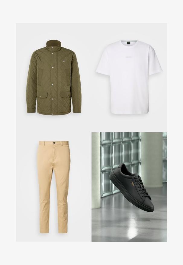 Veste matelassée vert olive avec un col haut, des boutons-pression et deux poches à l'avant. Le tissu a une texture lisse avec un motif de piquage en losanges.; T-shirt en coton blanc à manches courtes, col rond, avec un logo « BOSS » en relief sur la poitrine. Texture lisse, coupe standard.; Chinos beiges en coton avec une texture lisse. Comprend une fermeture à bouton, des passants de ceinture et une taille fuselée vers la cheville.; Baskets basses en cuir noir avec lacets noirs et logo BOSS doré sur le côté, flottant au-dessus d’un sol gris brillant dans un espace intérieur moderne.