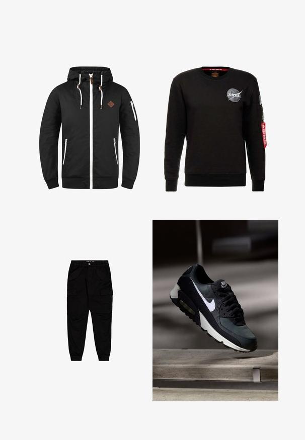 Chaqueta ligera negra con cierre frontal, capucha ajustable, detalles en blanco, bolsillos laterales y una placa de cuero marrón con el logo.; Alpha Industries NASA - Sudadera - schwarz; Pantalones cargo negros de algodón, con dos bolsillos frontales y dos bolsillos laterales, con puños y cintura elásticos.; Zapatilla Nike Air Max negra y gris con el logo blanco, suspendida sobre una superficie de cemento contra un fondo oscuro y desenfocado.