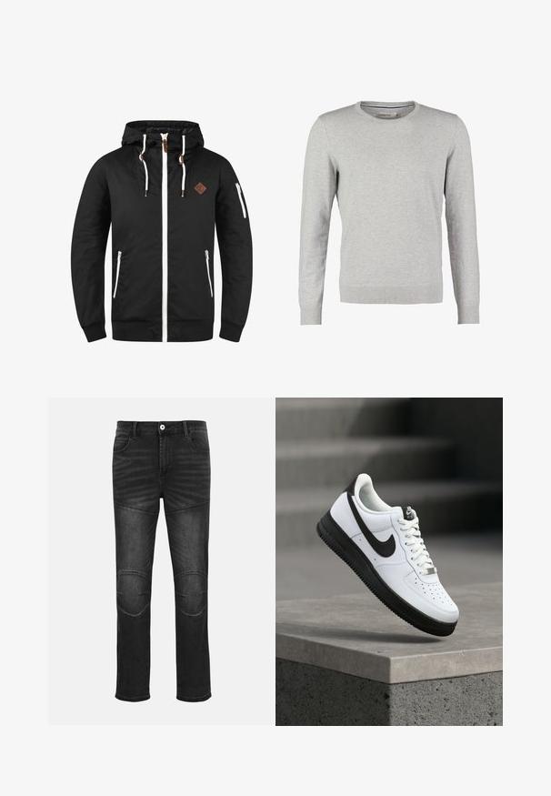 Chaqueta ligera negra con cierre frontal, capucha ajustable, detalles en blanco, bolsillos laterales y una placa de cuero marrón con el logo.; Suéter gris de mangas largas, con cuello redondo, puños y dobladillo acanalados. Está hecho de un material de punto suave con una textura uniforme. Sin patrones ni acentos.; Vaqueros de mezclilla negros con un ajuste slim, que cuentan con parches en las rodillas, costuras en contraste y un cierre clásico de botón en la cintura.; Zapatilla deportiva de cuero blanco con detalles en negro, punta redondeada y detalles perforados. Suela de goma negra con patrón texturizado y cierre de cordones.