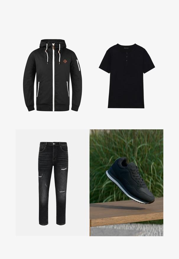 Chaqueta ligera negra con cierre frontal, capucha ajustable, detalles en blanco, bolsillos laterales y una placa de cuero marrón con el logo.; Camiseta de algodón de manga corta negra, con escote redondo y tapeta de tres botones. Textura suave y corte regular.; Vaqueros ajustados negros con lavado desteñido y parches desgastados en muslos y rodillas, con botones delanteros y bolsillos.; Zapatilla deportiva negra con parte superior texturizada, diseño con cordones y media suela blanca en contraste; exhibida en el aire sobre una superficie de madera.