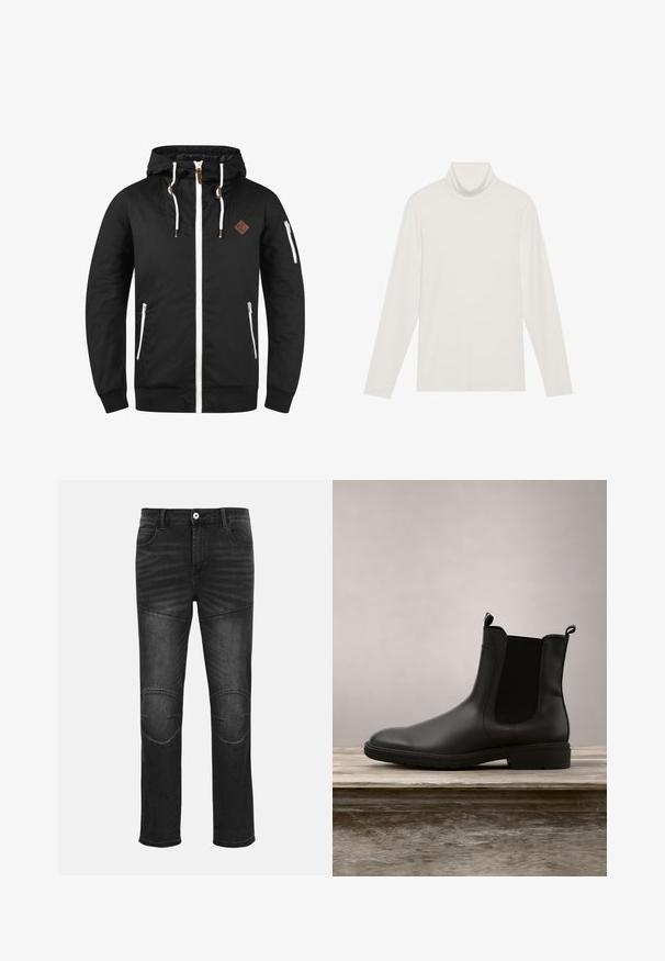 Veste noire légère avec fermeture éclair à l'avant, capuche ajustable, accents blancs, poches latérales et écusson en cuir marron.; Haut à col roulé à manches longues en blanc. Tissu doux et extensible avec une silhouette ajustée. Présente un col haut et un minimum de couture.; Jean en denim noir coupe slim, avec des patchs aux genoux, des surpiqûres contrastées et une fermeture classique à boutons à la taille.; Bottine Chelsea noire en caoutchouc avec une finition lisse, panneaux latéraux élastiques et languettes, présentant un petit talon et une semelle robuste.