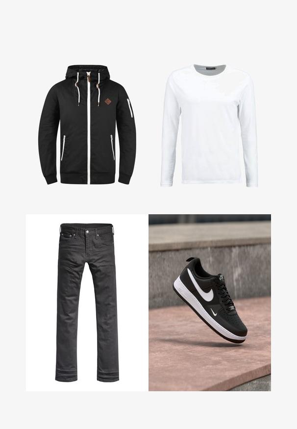 Veste noire légère avec fermeture éclair à l'avant, capuche ajustable, accents blancs, poches latérales et écusson en cuir marron.; T-shirt blanc à manches longues en coton, avec un col rond et une texture lisse. Sans motifs ni accents. Design simple.; Jeans en denim noir avec un design classique à jambes droites. Comprend des poches avant, une fermeture à bouton et des détails de couture subtils.; Baskets Nike Air Force 1 noir et blanc suspendues au-dessus d'une surface en béton rose avec un fond en pierre grise.