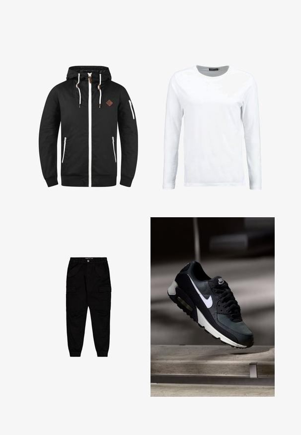 Must musta jope, millel on lukuga esitasku, reguleeritav kapuuts, valged aktsendid, küljetaskud ja pruun nahast logo märk.; Valge pika varrukaga t-särk, mis on valmistatud puuvillast, sellel on ümmargune krae ja sile tekstuur. Ilma mustrite ja aktsentideta. Lihtne disain.; Mustad puuvillased cargo püksid, millel on kaks eespool asuvat taskut ja kaks küljetaskut, elastsete mansettide ja vöökohaga.; Must ja hall Nike Air Max toss valge triibuga, riputatud betoonpinna kohale, uduse tumeda tausta ees.