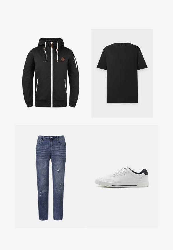 Chaqueta ligera negra con cierre frontal, capucha ajustable, detalles en blanco, bolsillos laterales y una placa de cuero marrón con el logo.; Camiseta negra de manga corta con cuello redondo y diseño liso, mostrada plana sobre un fondo gris claro.; Vaqueros de mezclilla desgastados en azul oscuro, con corte recto, bolsillos frontales y desgarros visibles con un ligero desgaste. Cierre de botón estándar.; Zapatillas blancas con una parte superior sintética suave, puntera redonda, diseño de cordones, acento en azul marino en el talón y una suela de goma texturizada con una franja negra.