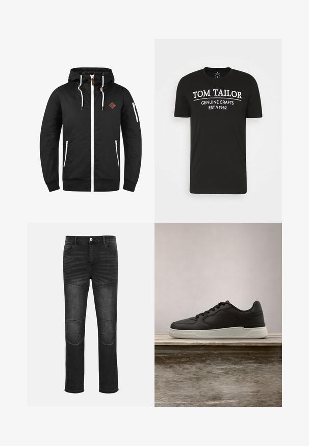 Chaqueta ligera negra con cierre frontal, capucha ajustable, detalles en blanco, bolsillos laterales y una placa de cuero marrón con el logo.; TOM TAILOR Camiseta estampada - black; Vaqueros de mezclilla negros con un ajuste slim, que cuentan con parches en las rodillas, costuras en contraste y un cierre clásico de botón en la cintura.; Zapatilla negra con suela blanca suspendida sobre un banco de madera, con follaje verde en el fondo desenfocado.