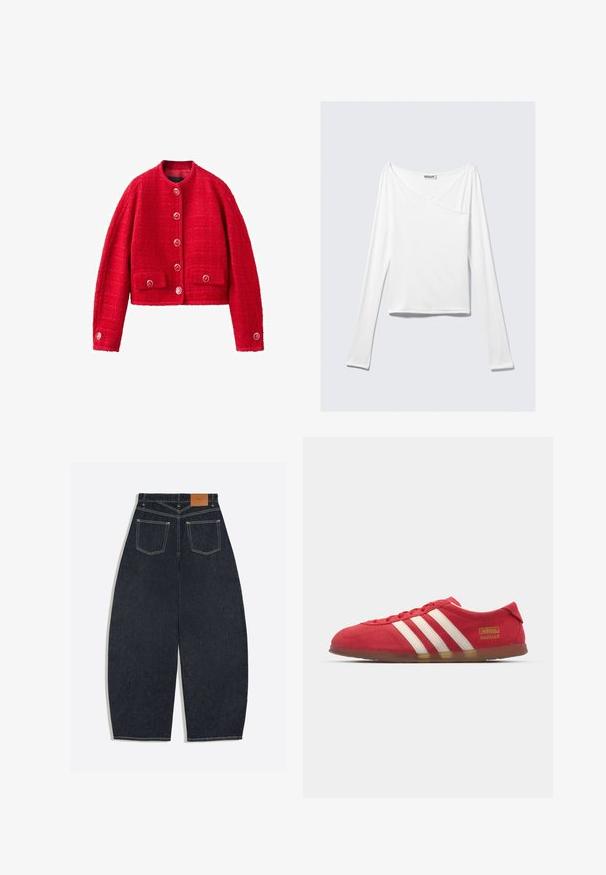 Veste en laine rouge texturée avec manches longues, encolure ronde, boutons sur le devant, et deux poches à rabat avec boutons à l'avant.; Haut blanc à manches longues avec un design croisé et une poche. Fabriqué dans un tissu lisse et extensible. Coupé dans une coupe décontractée et ample.; Jean en denim bleu foncé à jambes larges vu de dos avec deux poches plaquées et une étiquette de marque en cuir marron sur la ceinture.; Baskets en daim rouge avec un design à trois rayures blanches, semelle plate et détail logo doré. Design bas avec bout arrondi et fermeture à lacets.