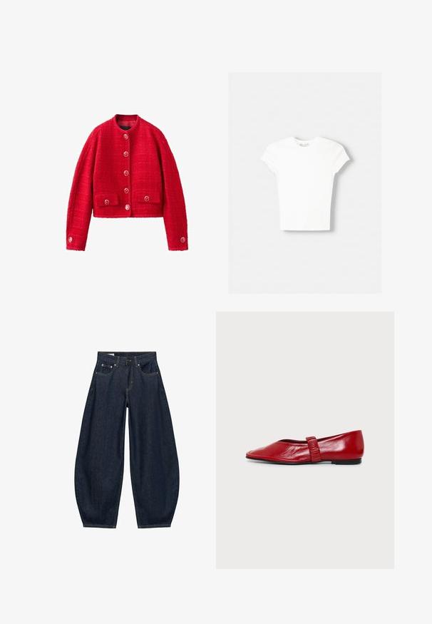 Veste en laine rouge texturée avec manches longues, encolure ronde, boutons sur le devant, et deux poches à rabat avec boutons à l'avant.; T-shirt blanc à manches courtes en coton doux, avec un col rond et une coupe ajustée. Pas de motifs ni d'ornements visibles.; Jean en denim bleu foncé à jambes larges avec poches avant, passants de ceinture et fermeture par bouton à la taille.; Chaussure plate rouge avec un bout carré arrondi et une seule sangle étroite sur le milieu du pied sur fond blanc.