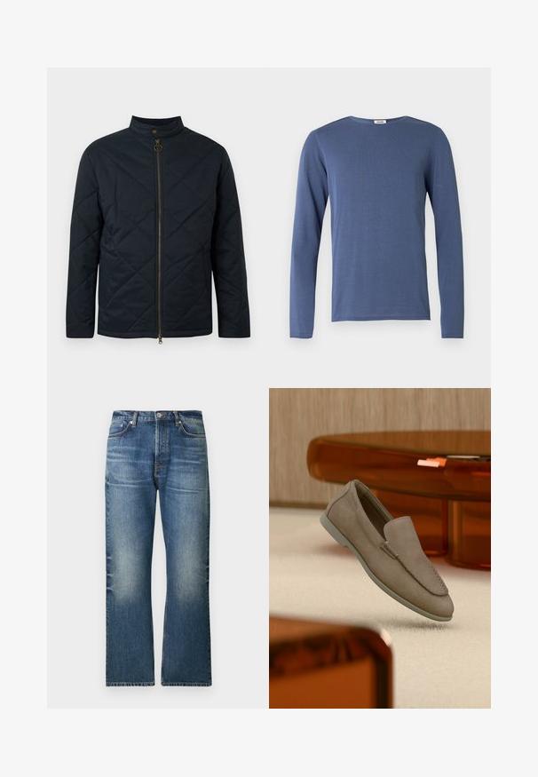 Veste matelassée bleu marine avec col montant, fermeture éclair à l'avant et motif de couture diagonale. Dotée de détails en métal doré et fabriquée dans un matériau léger.; Chemise à manches longues et col rond de couleur bleue moyenne. Fabriquée en tissu doux avec une texture subtile. Coupe droite et détails minimalistes.; Jeans en denim bleu clair avec une coupe droite, présentant des zones délavées, cinq poches et une fermeture classique par bouton à la taille.; Mocassin beige en daim à enfiler avec coutures visibles et semelle claire, positionné au-dessus d'un tapis crème, avec un meuble translucide orange en arrière-plan.