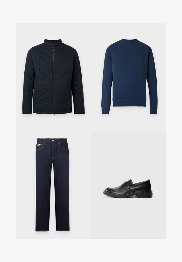 Veste matelassée bleu marine avec col montant, fermeture éclair à l'avant et motif de couture diagonale. Dotée de détails en métal doré et fabriquée dans un matériau léger.; Sweat-shirt bleu marine à col rond, avec des poignets et un ourlet côtelés. Présente un logo discret sur la poitrine de la même couleur. Texture de tissu lisse.; Jean en denim bleu foncé avec une coupe droite, un design classique à cinq poches et des coutures orange contrastantes. Comprend une fermeture à bouton en métal.; Chaussure habillée noire en cuir, à enfiler, avec un petit talon et un logo Calvin Klein discret sur le côté, présentée de profil sur un fond blanc.