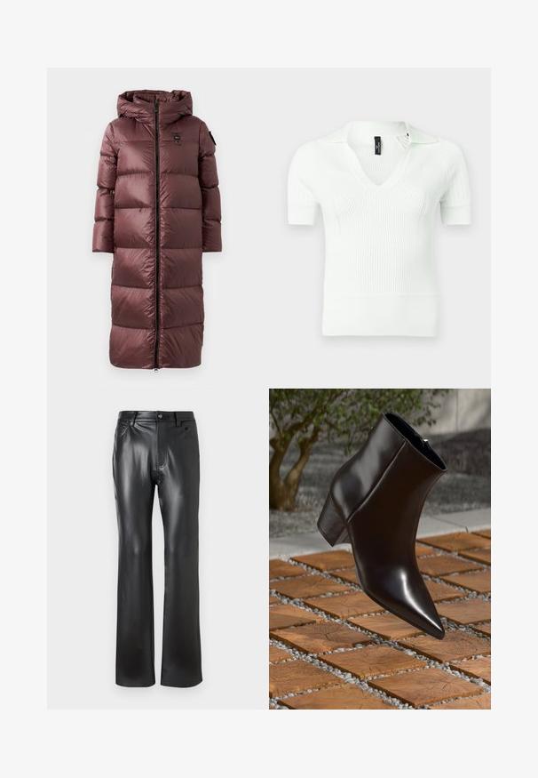 Lange, gewatteerde jas in diep kastanjebruin. Voorzien van een capuchon, een ritssluiting aan de voorkant en brede horizontale quilting. Glad, glanzend materiaal met subtiele merkdetails.; Wit geribd gebreid poloshirt met een V-hals en korte mouwen, voorzien van een gestructureerde stof en een subtiele glans.; Zwarte high-waist neplederen broek met rechte pijpen, riemlussen, knoop aan de voorkant, ritssluiting en voor- en achterzakken.; Zwarte leren enkelboot met een spitse neus, blokhak en een gladde textuur, gepositioneerd boven een houten en grindoppervlak.
