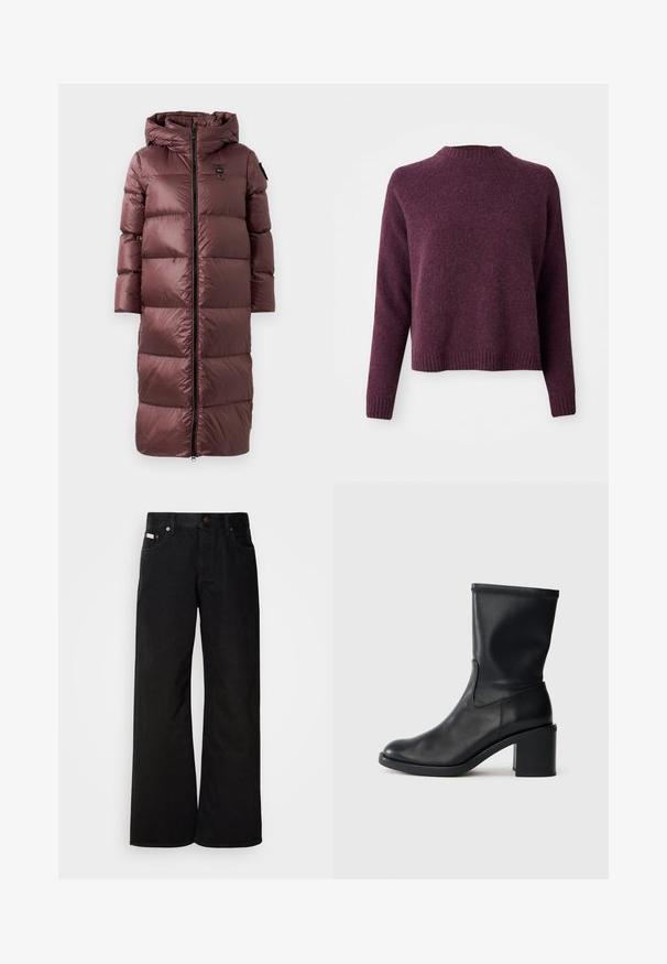 Lang, polstret frakke i dyb marsala. Har hætte, frontlynlås og bred horisontal quiltning. Glat, blank tekstur med diskret brandingdetalje.; Lilla strikket sweater med rund halsudskæring, lange ærmer og ribbede manchetter og kant. Blød tekstur, afslappet pasform og minimalistisk design.; Sorte breddebenede jeans lavet af bomuld. Har forlommer, en knaplukning og en klassisk denimtekstur. Minimalistisk design uden mønstre.; Sort læder ankelstøvle med rund tå, glat tekstur og en grov hæl, der har et tætsiddende skaft og subtil syning.