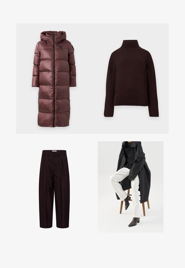 Lang, polstret frakke i dyb marsala. Har hætte, frontlynlås og bred horisontal quiltning. Glat, blank tekstur med diskret brandingdetalje.; Mørkebrun ribbet strik turtleneck-sweater med lange ærmer og en let boxy pasform mod en ensfarvet baggrund.; Sorte, skræddersyede bukser med brede ben, forreste læg, bæltestropper og sideknapper på taljen.; Sort, oversized trenchcoat over en sort top, parret med hvide bukser og brune, spidse ankelstøvler, siddende på en træstol.