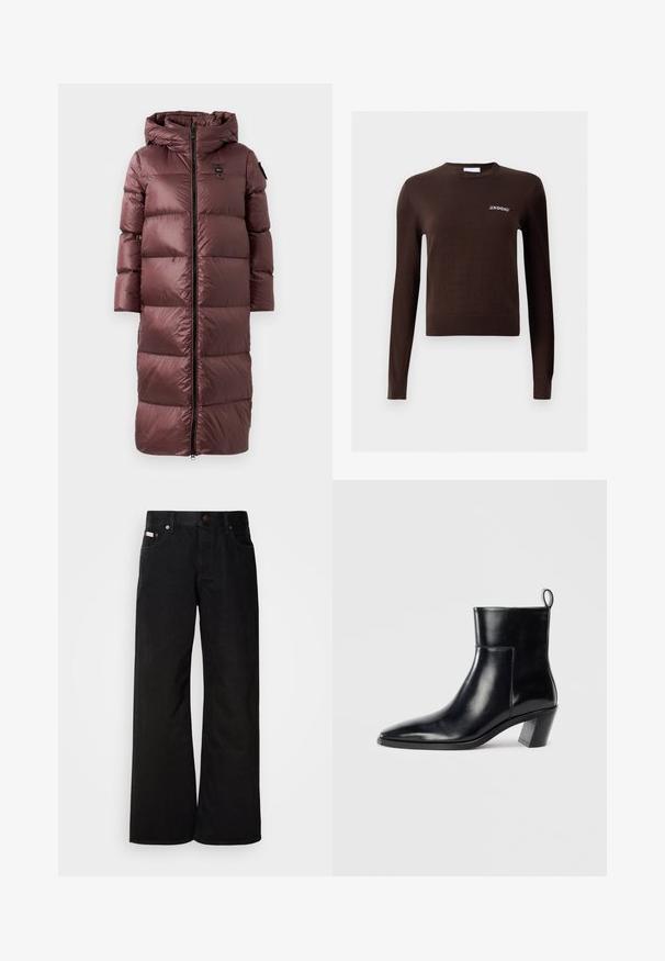 Lang, polstret frakke i dyb marsala. Har hætte, frontlynlås og bred horisontal quiltning. Glat, blank tekstur med diskret brandingdetalje.; Brun strikket sweater med lange ærmer og rund hals. Har et lille, hvidt broderet "2NDDAY" logo på brystet. Ribbet kant og manchetter.; Sorte breddebenede jeans lavet af bomuld. Har forlommer, en knaplukning og en klassisk denimtekstur. Minimalistisk design uden mønstre.; Sort læder ankelstøvle med spids tå, geometrisk stablet hæl og en løftestrop bagpå. Glat tekstur og slankt design.