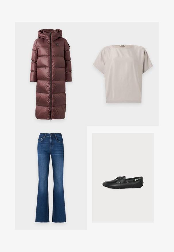 Lange, gewatteerde jas in diep kastanjebruin. Voorzien van een capuchon, een ritssluiting aan de voorkant en brede horizontale quilting. Glad, glanzend materiaal met subtiele merkdetails.; Beige katoenen blouse met korte mouwen, ronde hals, losse pasvorm en een klein label aan de achterkant van de binnenkraag.; Uitlopende blauwe spijkerbroek van denim, met een hoge taille, vijf-pocket ontwerp, subtiele vervaging en contrasterende stiksels.; Zwarte leren loafer met decoratieve zijoogjes, veters bovenop en kleine parelachtige kraaltjes aan de zijkant van de hiel, platte rubberen zool.