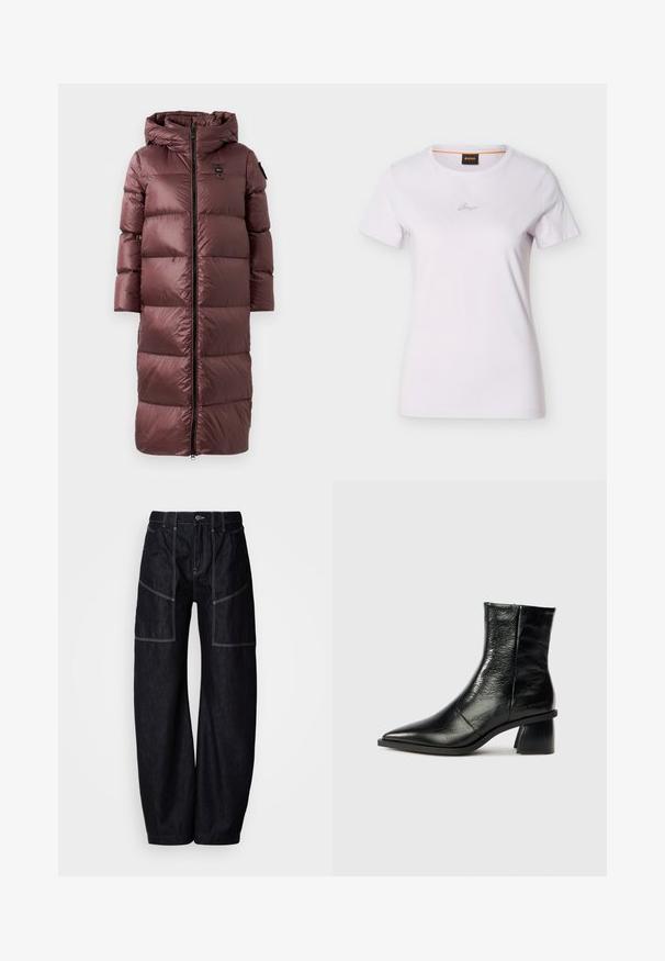 Lang, polstret frakke i dyb marsala. Har hætte, frontlynlås og bred horisontal quiltning. Glat, blank tekstur med diskret brandingdetalje.; Hvid T-shirt med korte ærmer, rund hals og lille kursiv logo centreret på brystet samt sort mærke med orange kant inde i kraven.; Mørk denim bukser med vide ben, flere frontlommer, kontrastsyninger og knaplukning i taljen. Glat tekstur og afslappet design.; Sort læder ankelstøvle med spids tå, mellem blokhæl, glat tekstur og minimal syningsdetaljer. Brandlogo præget ved hælen.