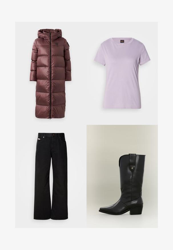 Lange, gewatteerde jas in diep kastanjebruin. Voorzien van een capuchon, een ritssluiting aan de voorkant en brede horizontale quilting. Glad, glanzend materiaal met subtiele merkdetails.; Lichtpaarse katoenen T-shirt met ronde hals, korte mouwen en een subtiele scripted logo versierd met rhinestones op de borst.; Zwarte wijde spijkerbroek van katoen. Voorzien van zijzakken, een knoopsluiting en een klassieke denimtextuur. Minimalistisch ontwerp zonder patronen.; Hoge zwarte leren cowboylaars met spitse neus, stevige hak en treklus met een klein gouden logo.