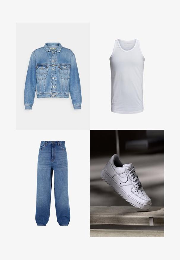 Lys blå denimjakke med klassisk snit, to forlommer, knaplukninger og syede detaljer langs sømmene og kraven.; Hvid bomulds tank top med rund halsudskæring, brede skulderstropper og minimal branding trykt indeni kraven. Blød tekstur, afslappet pasform.; Lyseblå denimjeans med høj talje, løs pasform og snævre manchetter. Har fem lommer og diskret falmning langs fronten.; Hvid læder Nike Air Force 1 sneaker med perforeret tå, flade snørebånd og tekstureret gummisål med "AIR" branding på siden.
