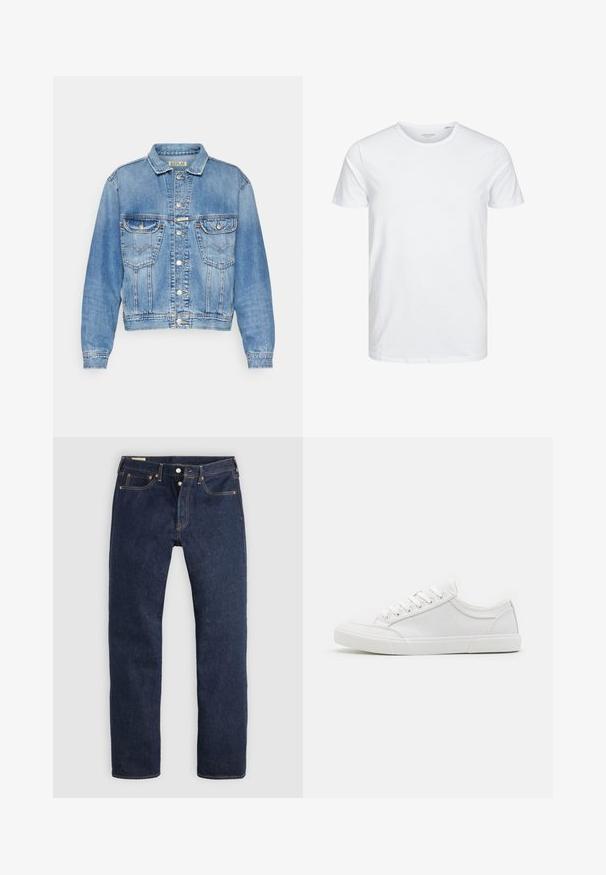 Lys blå denimjakke med klassisk snit, to forlommer, knaplukninger og syede detaljer langs sømmene og kraven.; Rundhals kortærmet t-shirt i ensfarvet hvid, lavet af blød bomuld, har et simpelt design uden synlige mønstre eller detaljer.; Mørkeblå jeans med lige ben, knaplukning, for- og baglommer samt kontrastsyning, lagt fladt på en lys baggrund.; Hvide sneakers med en glat læderoverdel, rund tå, flad gummisål og seks øjestik til snørebånd. Subtile syninger og minimalistisk design.