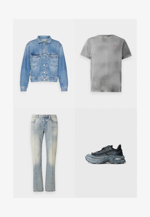 Lys blå denimjakke med klassisk snit, to forlommer, knaplukninger og syede detaljer langs sømmene og kraven.; Grå kortærmet t-shirt med tekstureret overflade. Har et lille rødt logo på venstre bryst. Enkel rund halsudskæring og lige kant.; Lyseblå denimjeans med lige ben, dobbelt syning, forlommer og en falmet finish. Ingen synlig mærkning.; Sort og grå Diesel sneakers med tyk sål, snørrebåndslukning og tekstureret design på en ensfarvet lysegrå baggrund.