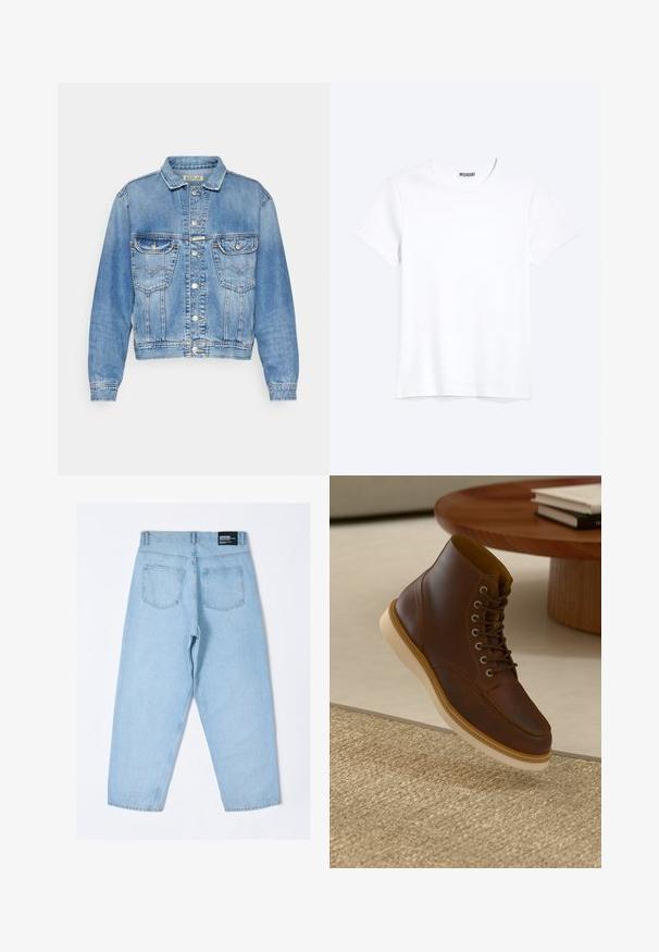 Lys blå denimjakke med klassisk snit, to forlommer, knaplukninger og syede detaljer langs sømmene og kraven.; Enkelt hvid T-shirt med korte ærmer og rund hals med synligt WEEKDAY-mærke i kraven, vist på en lys baggrund.; Lyseblå denimjeans med en afslappet pasform, der har to baglommer og et synligt mærke på taljen. Glat tekstur, lige ben-design.; Brune læderankelstøvle med beige sål på et struktureret beige tæppe ved siden af et rundt træbord med stakke af bøger.