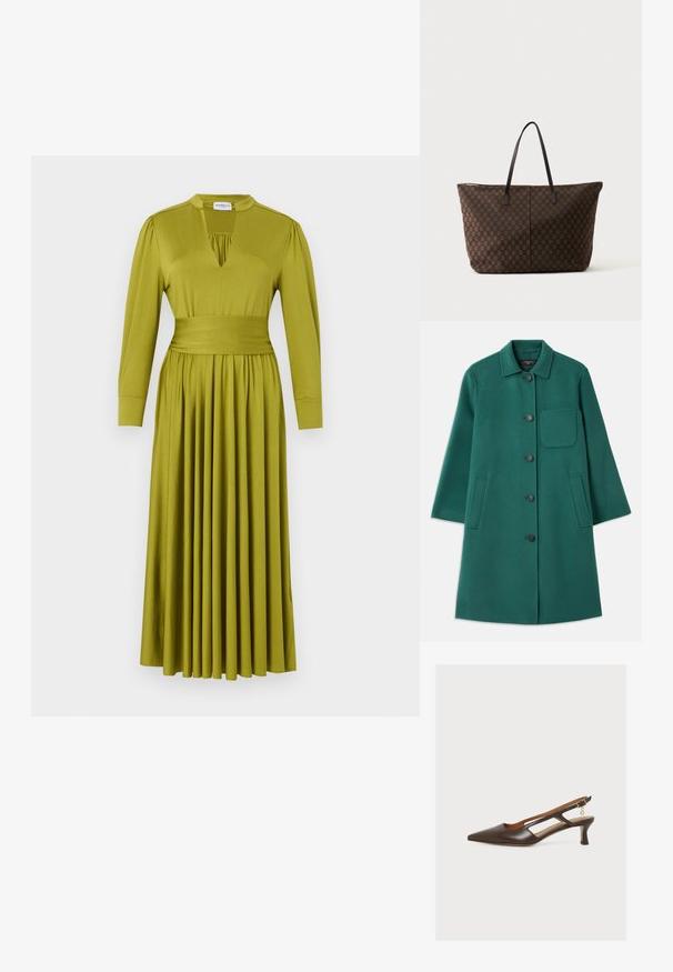 Groene wollen jas met een kraaghalslijn, knoopsluiting en lange mouwen. Heeft een borstzak en twee zijzakken, met een gladde textuur.; Lange olijfgroene jurk met lange mouwen, brede tailleband, geplooide rok en V-vormige halslijn met een kleine kraag.; Donkerbruine slingback met puntige neus, hak van gemiddelde hoogte, uitgesneden zijkanten en een klein gouden bedeltje dat aan de gesp van het enkelbandje hangt.; Grote bruine draagtas met geruit patroon en smalle zwarte schouderbanden, rechtopstaand op een effen lichte achtergrond.