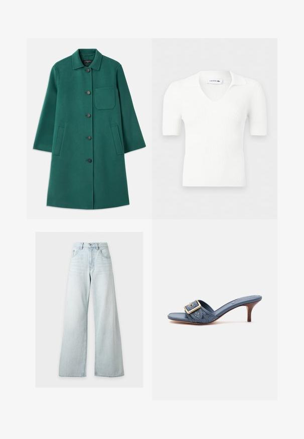 Manteau en laine vert avec un col, fermeture à boutons et manches longues. Comprend une poche poitrine et deux poches latérales, texture lisse.; Haut tricoté blanc à manches courtes côtelées avec un col en V et un col, affichant une étiquette Lacoste à l'intérieur de l'encolure.; Jean bleu clair taille haute à jambes larges avec bouton et fermeture éclair devant, poches avant et passants de ceinture sur fond blanc.; Sandale à talon bleue à bout ouvert avec un talon kitten en bois et une large bride ornée d'une grande boucle dorée et d'un motif texturé.