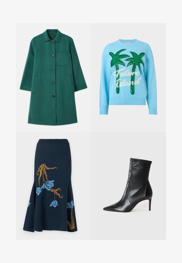 Manteau en laine vert avec un col, fermeture à boutons et manches longues. Comprend une poche poitrine et deux poches latérales, texture lisse.; Pull bleu clair avec deux grands palmiers verts et un texte cursif blanc indiquant "Future Island" sur le devant.; Jupe midi bleu marine avec ourlet évasé, présentant de grandes tiges brunes et une broderie florale bleu clair.; Bottes noires à la cheville en cuir lisse, dotées d'un bout pointu, d'un tige ajustée et d'un talon haut fin. Design minimaliste sans quincaillerie visible.