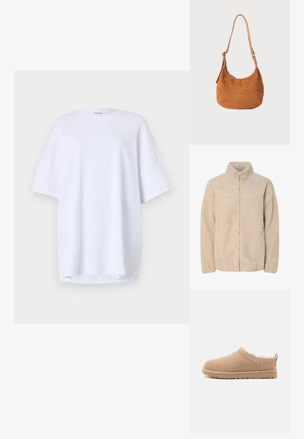 Beige fleece jacket met hoge kraag, ritssluiting en zijzakken. Gelaagd oppervlak met een zachte voelbaarheid en elastische manchetten.; Korte mouwen, oversized wit T-shirt van katoen. Ronde halslijn, zijsplitsen aan de zoom en een gladde textuur zonder zichtbare patronen of accenten.; Beige instap pantoffel met zachte suède buitenzijde, pluche witte bontvoering en rubberen zool met profiel, getoond in zijaanzicht.; Tan suède schoudertas met een gebogen ontwerp, verstelbare schouderriem, metalen rits en een geperst logo op de voorkant.