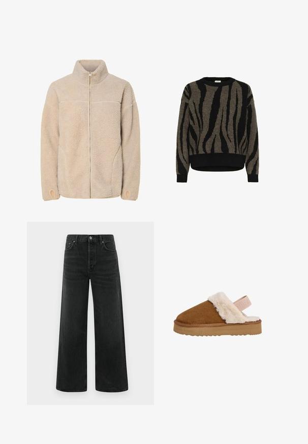 Veste en polaire beige avec un col haut, fermeture éclair et poches latérales. Surface texturée avec une sensation douce et poignets élastiques.; Pull en maille rayé zèbre brun et noir avec des manches longues et des poignets, un ourlet et un col rond côtelés.; Jean en denim noir à jambes larges, taille haute, poches avant et fermeture classique par bouton. Le tissu présente une finition lisse avec une légère texture.; Chaussons en daim marron à enfiler avec doublure en fausse fourrure blanche et une bande élastique rose portant l'étiquette "PEPE". Semelle en caoutchouc beige épaisse avec un motif texturé.